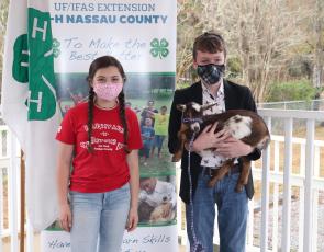 Nassau County 4-H member Garrett Bennett, 12, of Yulee receives a Nigerian dwarf dairy goat Feb. 9 that was born on the family farm of Bryceville’s Sayde Price, 11.  