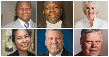 New Barnabas board members are, clockwise from top left, Bishop Dwayne Campbell, Bishop Thomas Coleman, Liza Cotter, Pastor Dan Search, Ed Hubel and May Lyn Gulmatico.