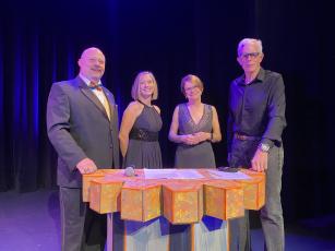 Nassau County Tax Collector John Drew, from left, was the master of ceremonies for the Take Stock in Children – Nassau County Home Grown Virtual Gala. He was joined by Executive Director Robin Lentz, board chairwoman Regina Lee and videographer Bob Eberle.