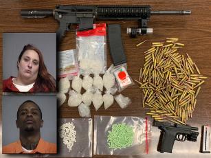 Gay's and Broderway's mugshots along with the drugs and guns displayed by the Nassau County Sheriff's Office. NCSO