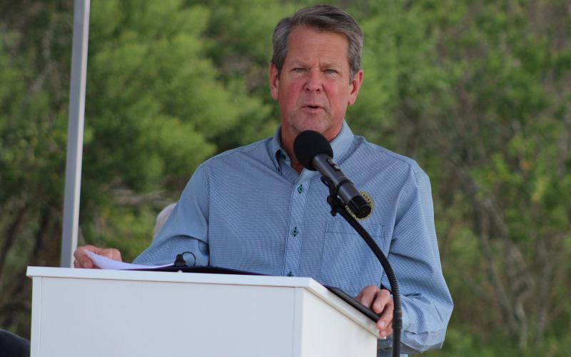 Gov. Brian Kemp speaks during a groundbreaking ceremony for Cumberland Inlet on Friday.