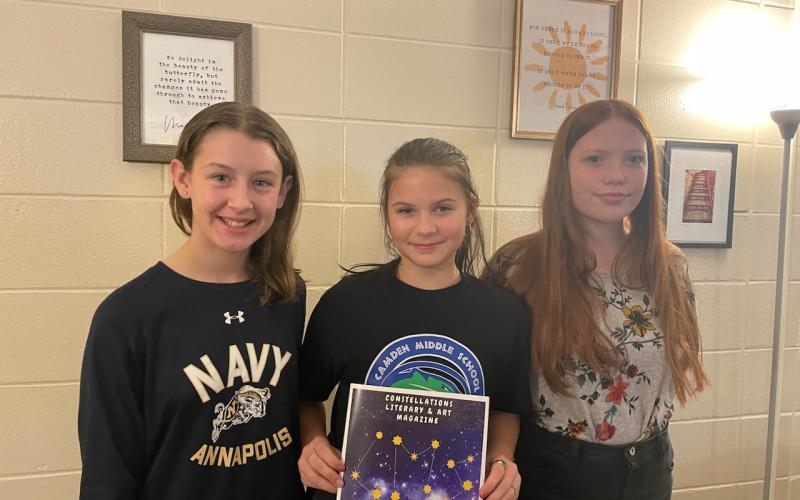 Eden Ross, Tinsley Griffis and Gracelyn George served on staff of Camden Middle School’s new literary magazine, “Constellations.”