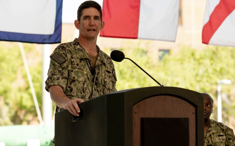 Rear Adm. Thomas “TR” Buchanan, commander of Submarine Group Ten, provides remarks during a groundbreaking ceremony March 23 for two additions to Trident Training Facility Kings Bay.