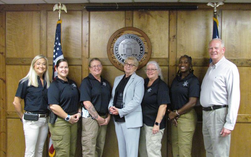 Women leaders in the Camden County Sheriff’s Office include, from left, 911 Center Director Capt. Holly Douglas, School Resource Deputies Cpl. Anita Chavez and Sgt. Felicia Buie, Criminal Investigation Division Commander Capt. Harritte Sirmon, Evidence Technician Cpl. Jeanie Jenkins and School Resource Deputies Supervisor and CHAMPS Program Director Lt. Kizzler Knight.