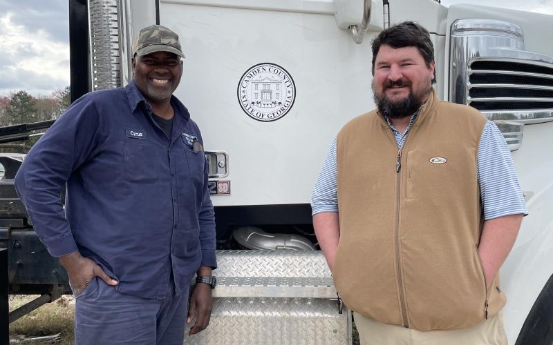 Camden County Solid Waste Department Operations Manager Cyrus Roberts, left, was named the county’s Employee of the Quarter. With Roberts is Solid Waste Director Campbell Smith.