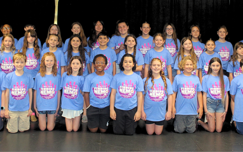 Cast members in “Finding Nemo Jr.” include, front row, from left, Abigail Henry, Evelyn Rose McKinney, Grayson Groth, Emily Hobbs, Jewel McIlrath, Jathan Simmons, Daniel Champeau, Scarlett Rain, Tristan Birt, Molly Day, Walker Brown and Britton Wise. Second Row: Harper Conrad, Quinn Leavy, Arabelle Duncan, Alice Mareck, Warren Udy, Taylor Day, Ivy Freeman, Zoey Marshall, Willow Swanson, Talitha Meyer and Liam Garrett. Third Row: Madison Watkins, Brantley Betchel, Bree Humphries, Karionna Samson, Emma Blair,