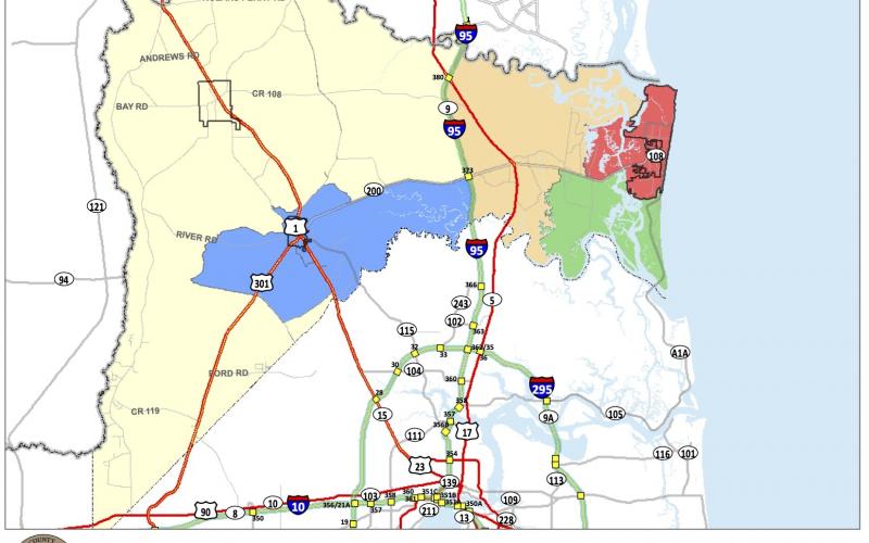 The new Nassau County districting map prevents Districts 4 and 5 from crossing I-95; however, this option inflates population numbers in the other districts.