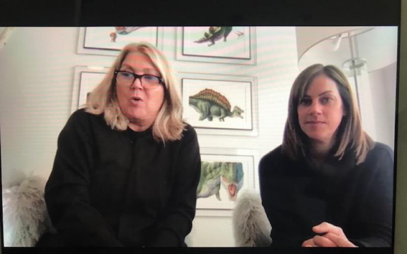 “Dinosaurs Living in My Hair” author Jayne M. Rose-Vallee, left, and Literacy for Kids Director Heather Mertz conduct a virtual presentation with students from Callahan and Wildlight elementary schools.