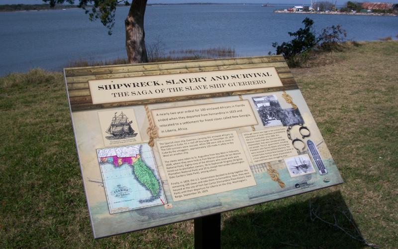 A marker on the Fort San Carlos Plaza in Old Town Fernandina notes the story of the slave ship Guerrero, which hit a reef off of Key Largo in 1827 while on its way to Cuba carrying 561 enslaved Africans. Three hundred and ninety-eight surviving captives were sold as slaves. Two years later, 100 of the remaining people who survived the ordeal were taken from Fernandina to Africa by the U.S. government. PEG DAVIS/NEWS-LEADER