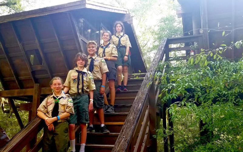 Members of the Boy Scout Troop and the all-girl Troop 152 attend summer camp in June at Camp Shands near Melrose. They stayed in the tree houses. While practicing social distancing, scouts were able to attend classes and enjoy the outdoors. Scouts completed 38 badges and earned two awards and four scouts achieved ranks. Scout Master William Anno and Amanda Sridasome attended with the scouts. They included Miley Meredith, Avery Meredith, Xavier Gallagher, Christina Scheider and Caitlyn Scheider.