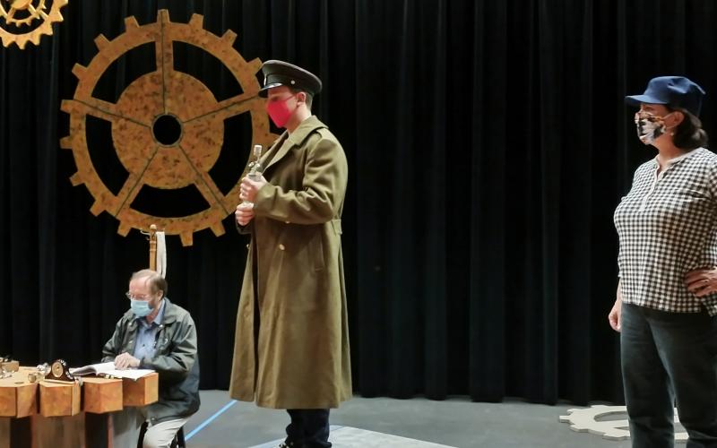 Ron Price, Nicholas Marquardt, and Wendy Gilvey rehearse a scene from the upcoming show “Those Who Fall in Love like Anchors Dropped upon the Ocean Floor,” which opens Feb. 12 at Amelia Community Theatre.