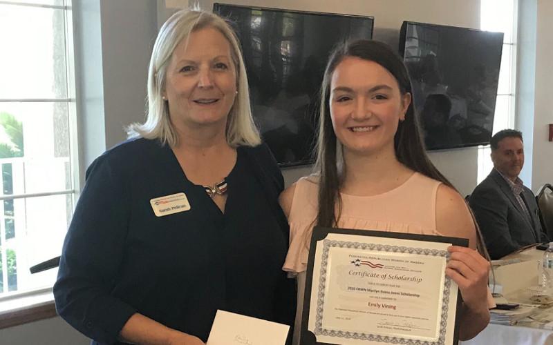Sarah Pelican of the Federated Republican Women of Nassau helped present the 2020 FRWN Marilyn Evans Jones Scholarship to Fernandina Beach High School senior Emily Vining at a luncheon earlier this month. JULIA ROBERTS/NEWS-LEADER