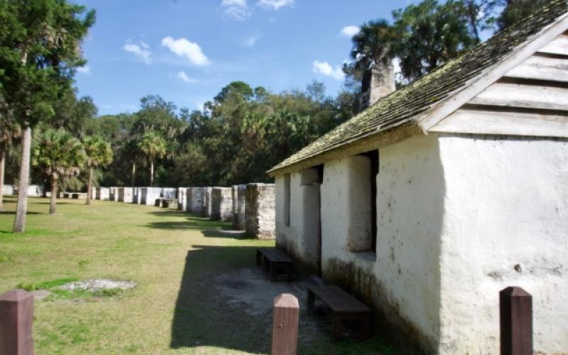 Slave quarters are arranged in a semicircle at Kingsley Plantation.