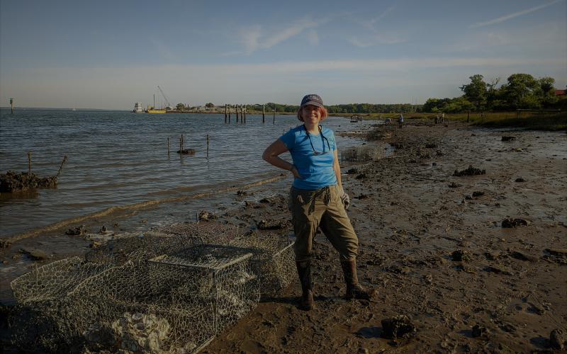 St. Marys Riverkeeper Anna Laws stands in front of an array of crab traps filled with oyster shells. Eventually, oysters will grow over the whole structure, creating a reef, like the older ones seen behind her. 